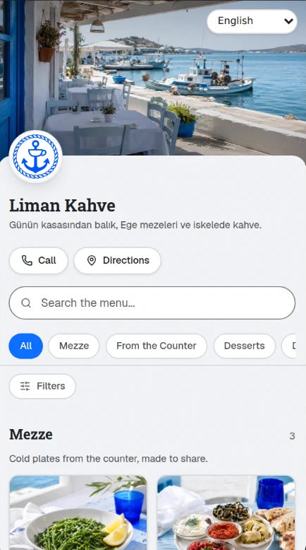 Telefonda QR Menü ile açılmış Liman Kahve demo menüsü: liman manzaralı kapak, menüde arama ve Meze kategorisi.